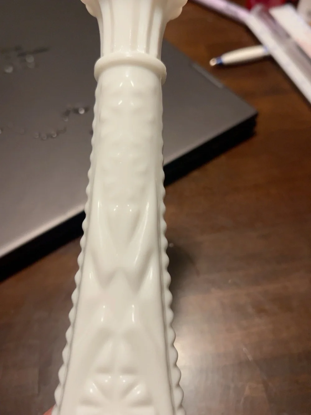 Vintage White Milk Glass Bud Vase Starburst Geometric Scalloped Rim